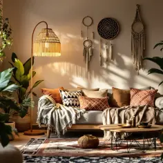 Przytulny salon z sofą, mnóstwem poduszek i kocem. Centralnym punktem jest lampa podłogowa boho z plecionym kloszem, rzucająca ciepłe światło.