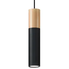 Nowoczesna lampa czarna z drewnem, cylindryczna, wisząca.