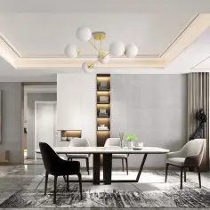 Elegancka jadalnia z nowoczesnym stołem i krzesłami, oświetlona złotą lampą modern classic.