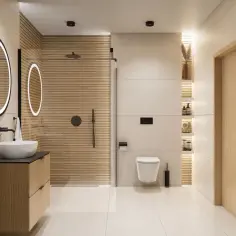 Nowoczesna łazienka z drewnianymi akcentami. Dwa owalne lustra z podświetleniem LED, prysznic walk-in i podwieszana miska WC. Idealne jakie oświetlenie do łazienki.