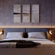 Nowoczesna, przytulna lampa do sypialni tworzy ciepłą atmosferę nad łóżkiem. Dwie wiszące lampy, jedna złota, druga czarna, oświetlają przestrzeń.