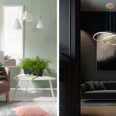 Nowoczesna lampa wisząca materiałowa w jasnym wnętrzu i złota, abstrakcyjna lampa nad ciemną sofą.