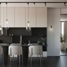 Nowodvorski lampy szynowe nad stołem w jadalni. Eleganckie, nowoczesne wnętrze z minimalistycznymi meblami i dekoracjami.