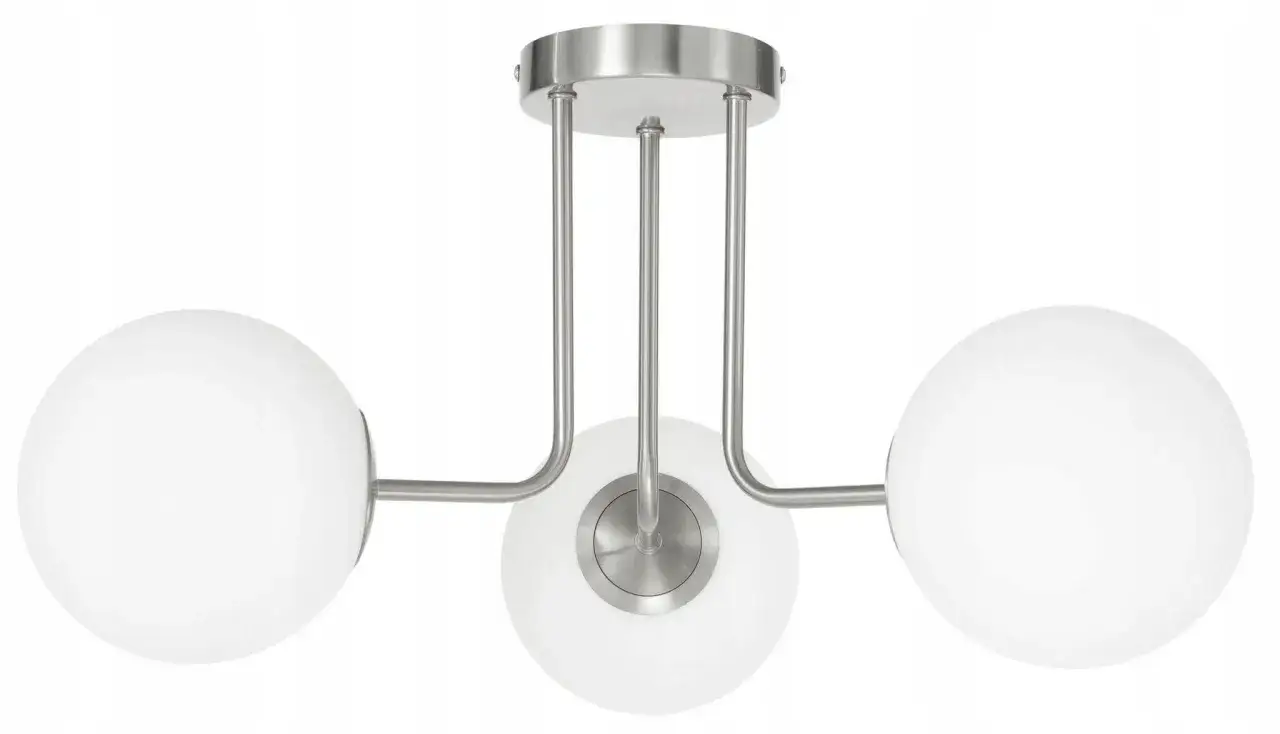 Nowoczesna lampa kule chrom, z trzema mlecznymi kulami na metalowych ramionach, tworzy elegancki akcent w każdym wnętrzu.