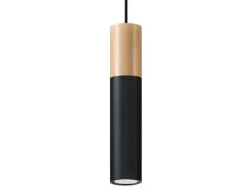 Nowoczesna lampa czarna z drewnem, cylindryczna, wisząca.