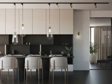 Nowodvorski lampy szynowe nad stołem w jadalni. Eleganckie, nowoczesne wnętrze z minimalistycznymi meblami i dekoracjami.